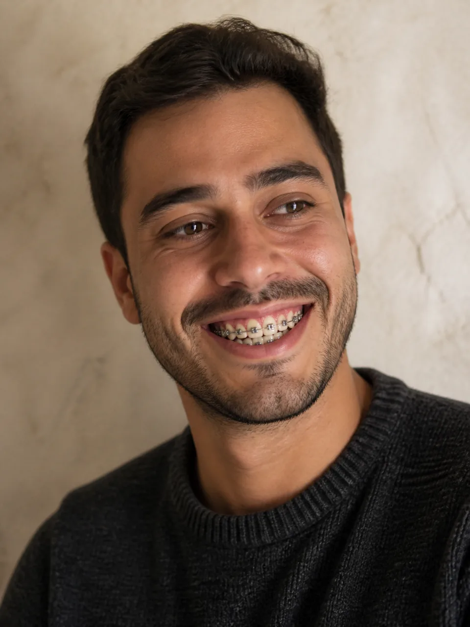 Retrato ilustrativo de um homem sorrindo com aparelho autoligado metálico, de clipe e sem borrachinhas