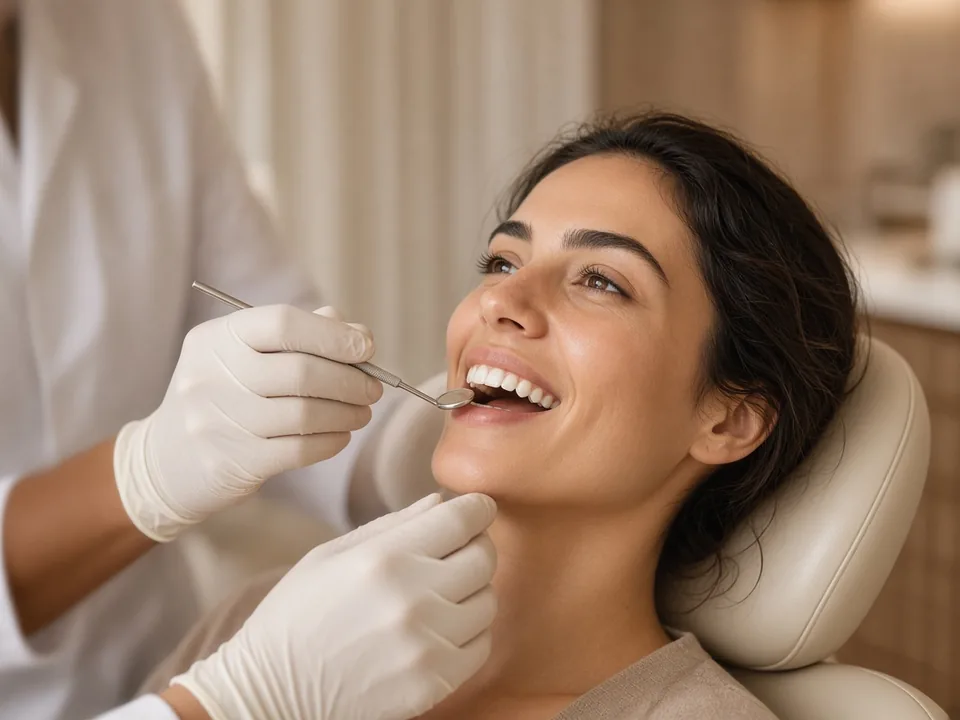 Foto ilustrativa de uma consulta de rotina, com a paciente sorrindo na cadeira odontológica