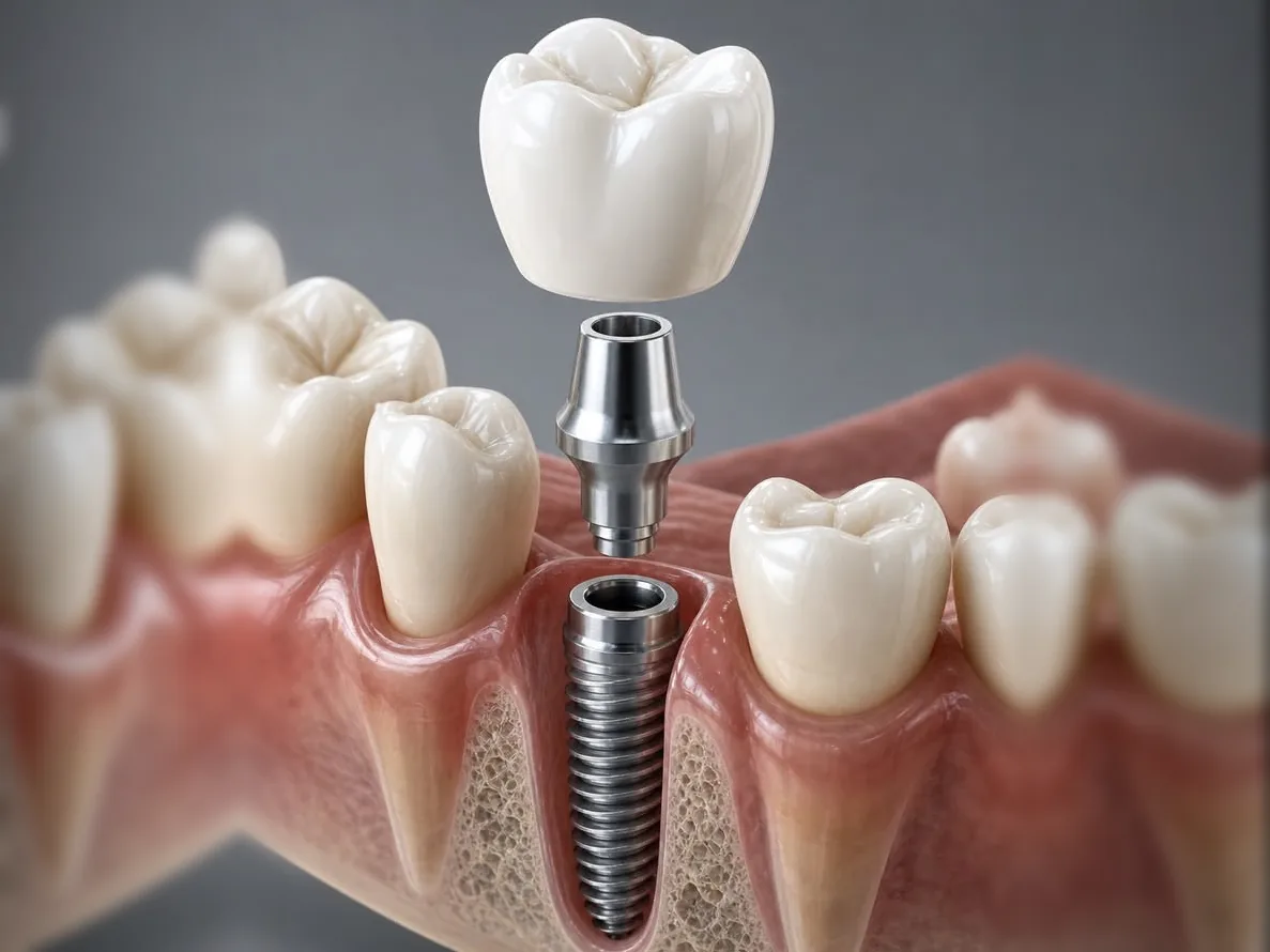 Ilustração 3D de um implante dentário: a coroa e o pilar encaixando no parafuso fixado no osso