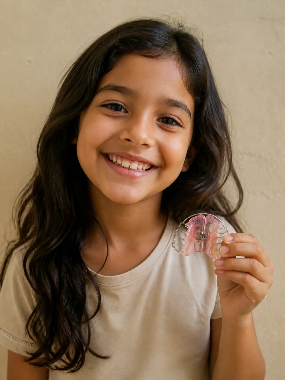 Retrato ilustrativo de uma menina sorrindo e segurando um aparelho ortopédico removível, com parafuso expansor